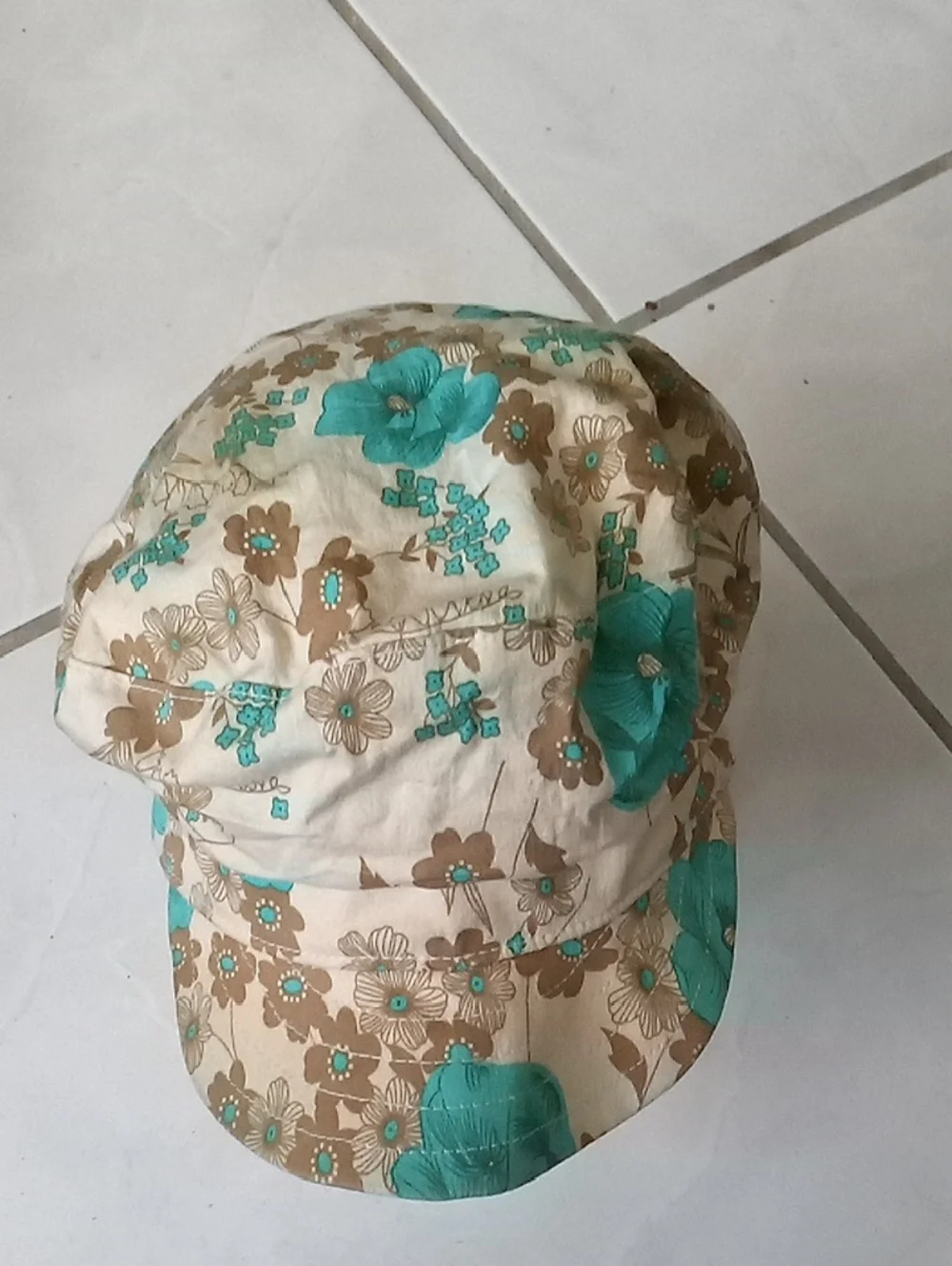 Vintage Beige and Teal Floral Cadet Cap - Picture 2 of 4